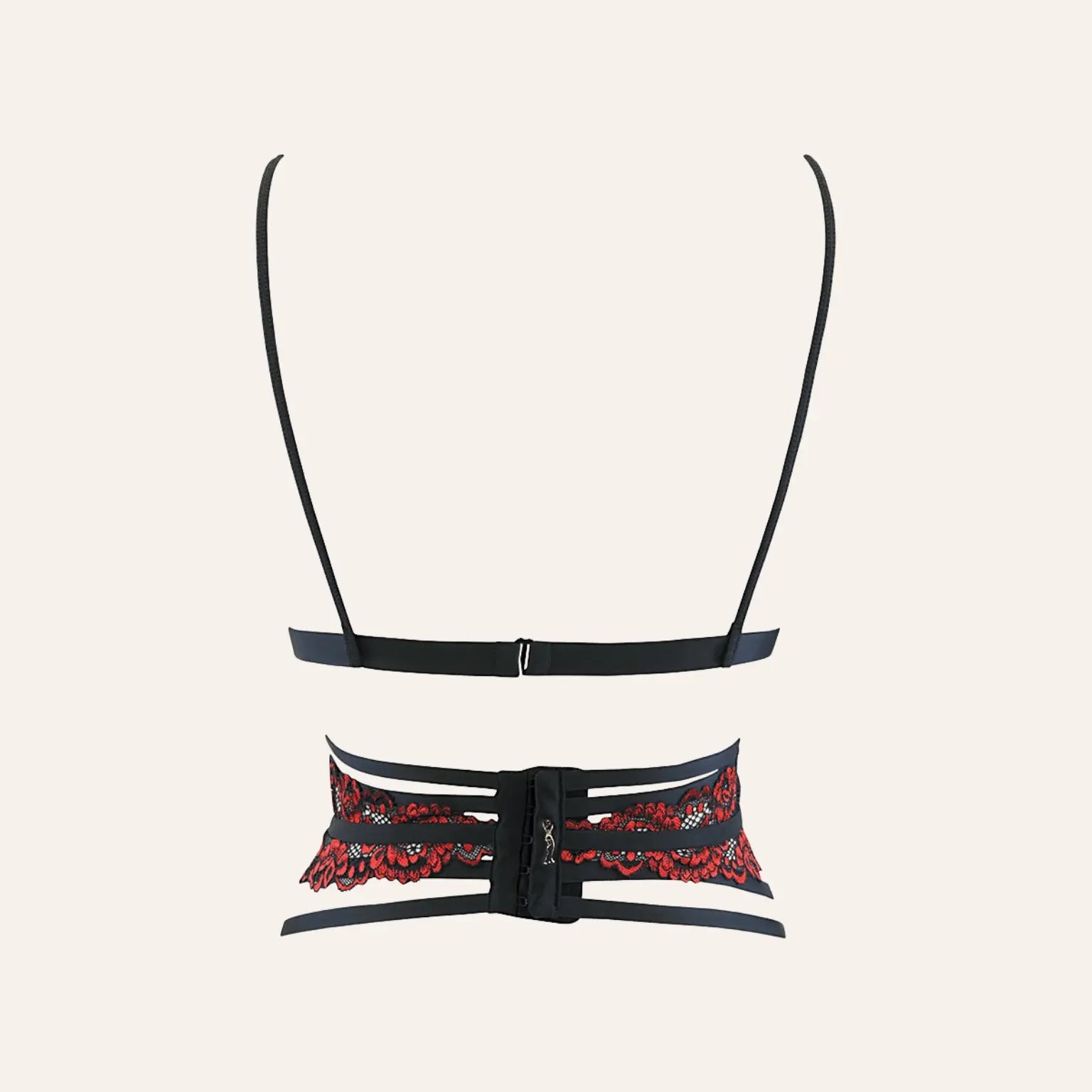 Vue arrière du soutien-gorge serre-taille Axami V-10037 avec détails en dentelle rouge et fermeture ajustable. Une pièce incontournable proposée par Oh My God'Z.