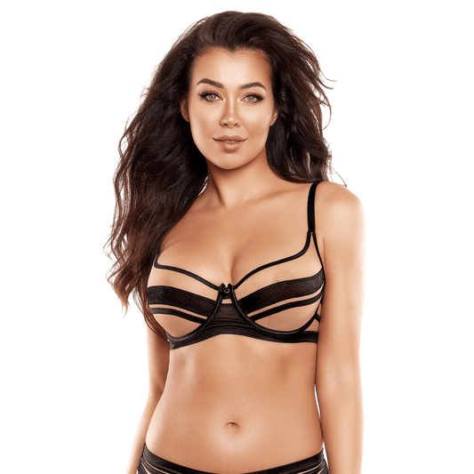 Vue avant du soutien-gorge en tulle noir V-10491 par Axami. Ce soutien-gorge chic et audacieux, avec ses bandes transparentes, est disponible chez Oh My God'Z pour une allure séduisante.