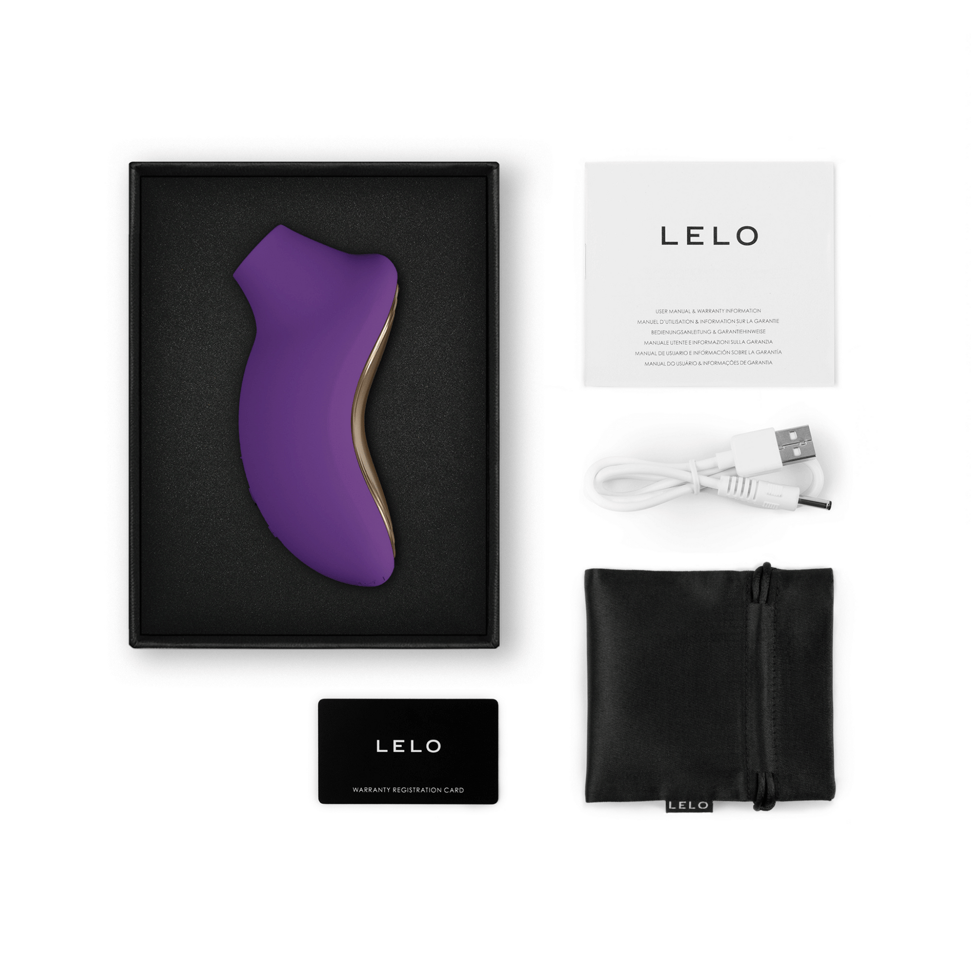 Sona 2 en violet présenté dans un coffret de luxe de Lelo, combinant esthétique et technologie avant-gardiste, sur OhMyGodz.fr.