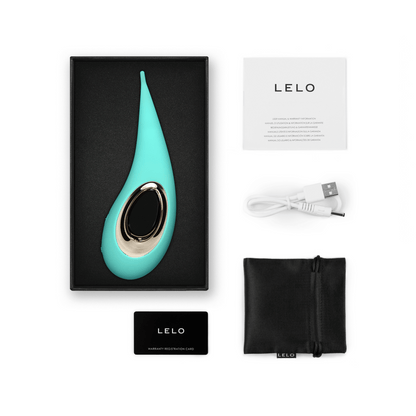 Présentation du Lelo Dot en aqua, dans sa boîte élégante avec câble de charge et pochette, vendu par OhMyGodz.fr