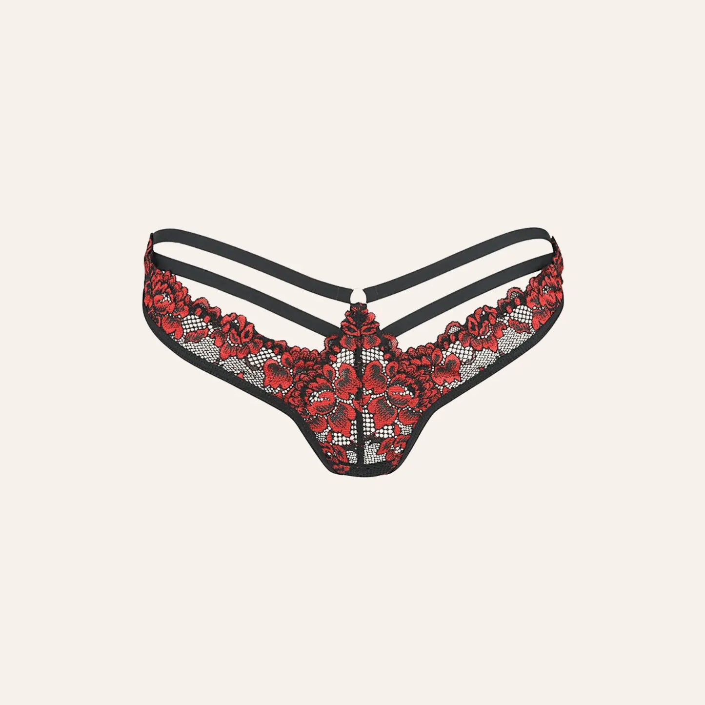 String en dentelle de luxe V-10038 signé Axami, en noir et rouge avec des lanières ajustables. Disponible exclusivement sur la boutique Oh My God'Z pour une lingerie sophistiquée et sexy.