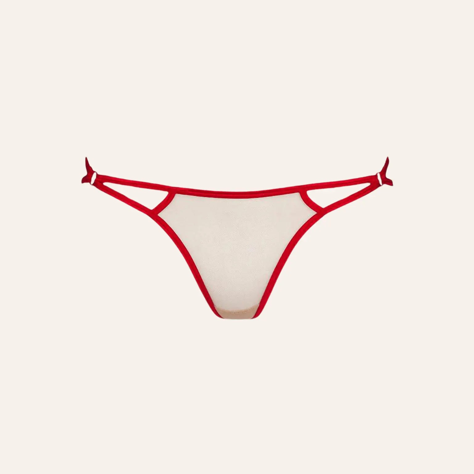 String rouge transparent V-8868 d'Axami, proposé par Oh My God'Z. Un design séduisant combinant un tissu léger et des ornements délicats pour un confort et une allure irrésistibles.