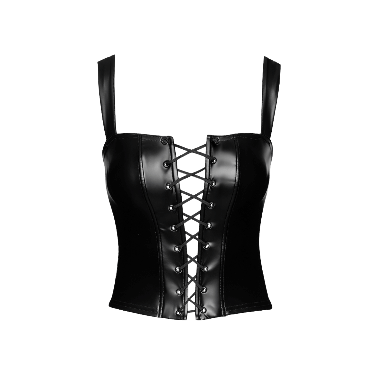 Top corset Vixen F365 en vinyle noir brillant avec laçage avant – Noir Handmade