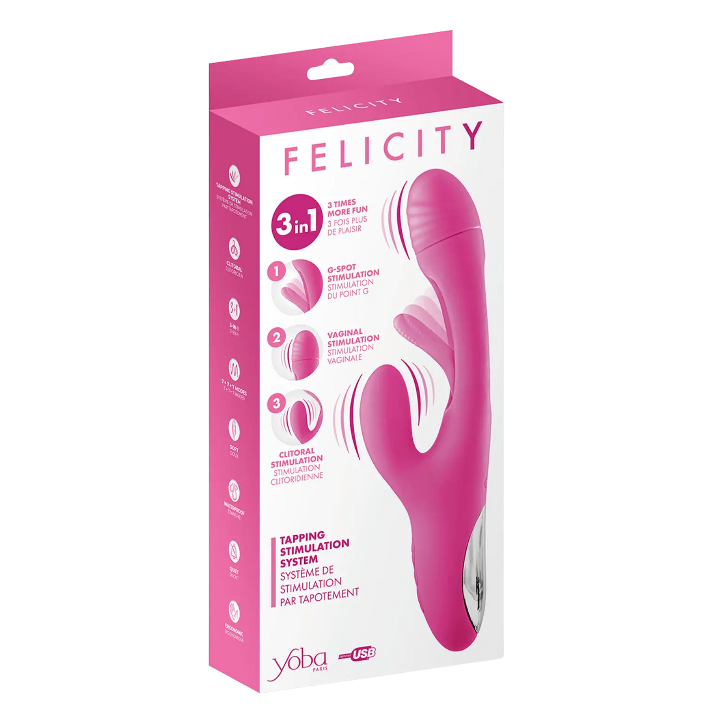 Emballage du Vibromasseur Rabbit Point G Felicity, présentant ses fonctionnalités 3-en-1 pour une stimulation du point G, vaginale et clitoridienne, produit disponible chez Oh My God'Z.