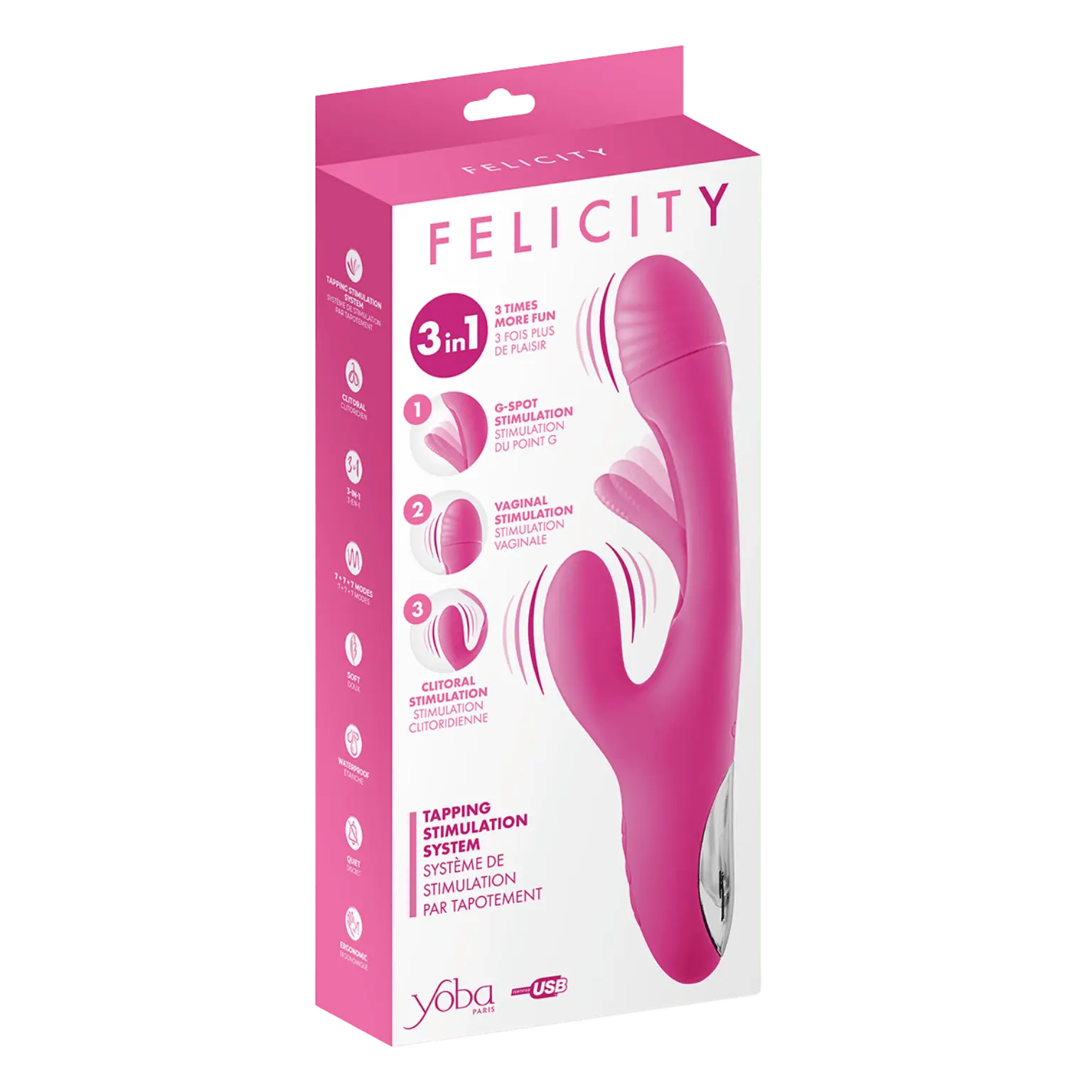 Emballage du Vibromasseur Rabbit Point G Felicity, présentant ses fonctionnalités 3-en-1 pour une stimulation du point G, vaginale et clitoridienne, produit disponible chez Oh My God'Z.