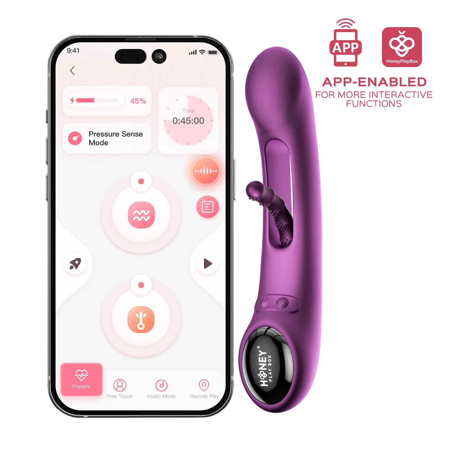 Interface application mobile HoneyPlayBox avec vibromasseur Tempo violet et modes de contrôle interactifs - Oh My God'Z