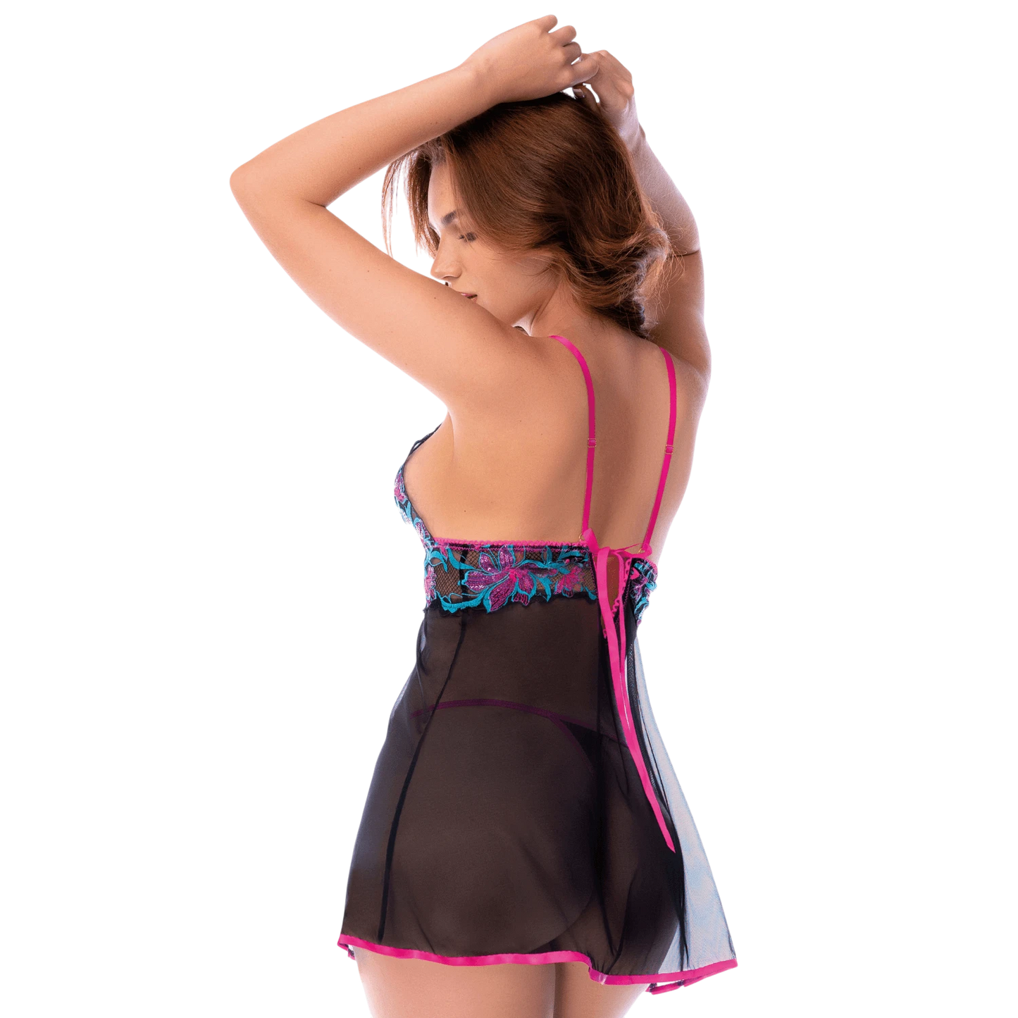Vue dos babydoll noir transparent avec bretelles fuchsia réglables et coupe fluide évasée - Oh My God'Z