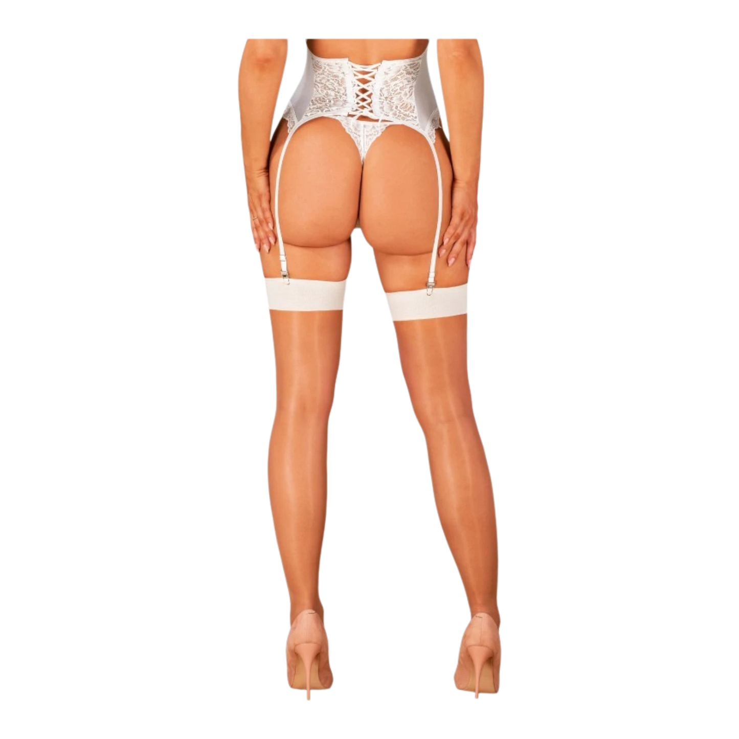 Bas blanc et beige en résille avec bande lisse blanche, vue de dos avec porte-jarretelles - Oh My God'Z