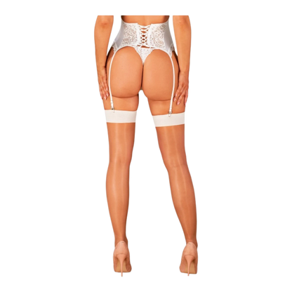Bas blanc et beige en résille avec bande lisse blanche, vue de dos avec porte-jarretelles - Oh My God'Z