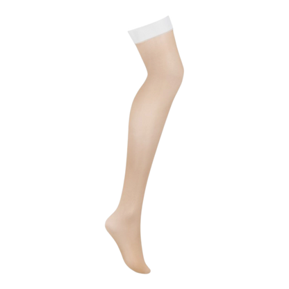 Bas résille beige avec bande blanche lisse en haut, détail du produit seul sur fond blanc - Oh My God'Z
