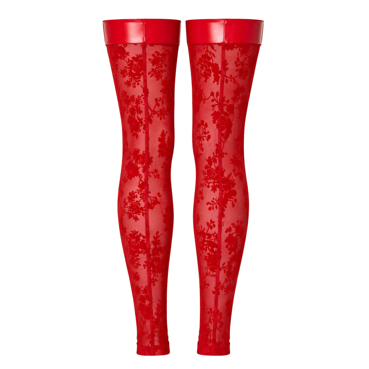 Bas cuissardes rouges en tulle floque floral avec large bande wetlook, vue detaillee du produit a plat - Oh My God'Z