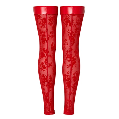 Bas cuissardes rouges en tulle floque floral avec large bande wetlook, vue detaillee du produit a plat - Oh My God'Z