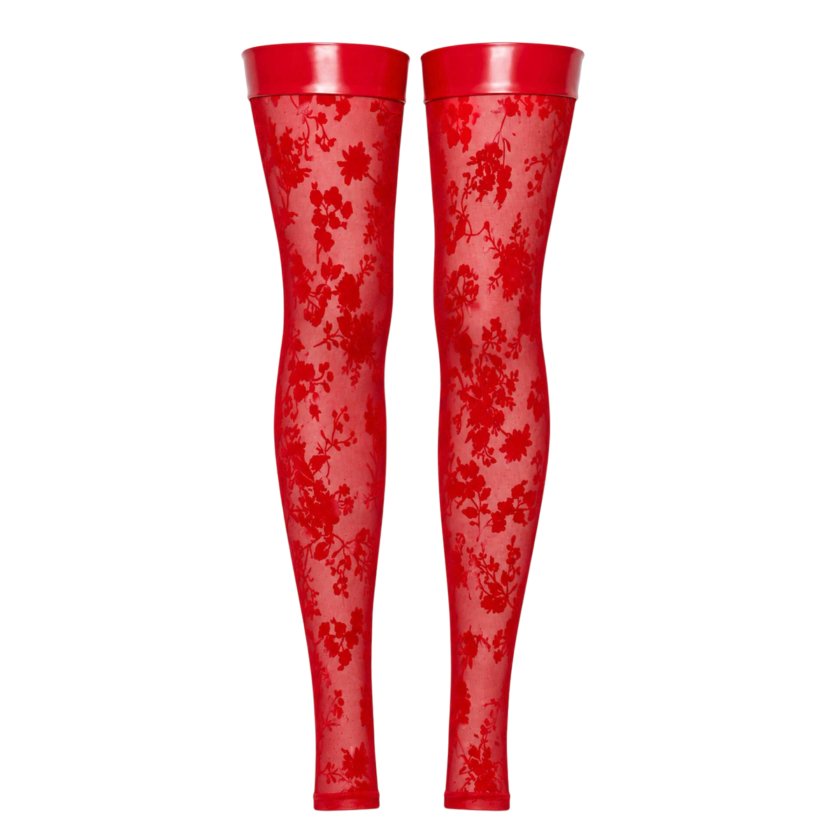 Paire de bas cuissardes rouges sans pieds, tulle floque floral transparent et bandes wetlook, a plat - Oh My God'Z
