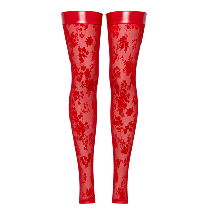 Paire de bas cuissardes rouges sans pieds, tulle floque floral transparent et bandes wetlook, a plat - Oh My God'Z