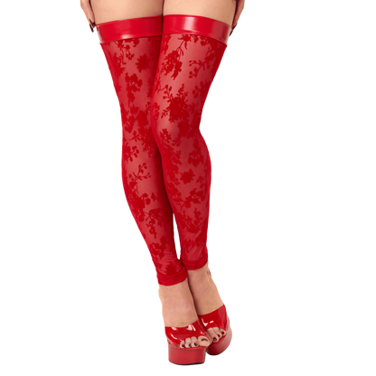 Bas cuissardes rouges sans pieds en tulle floque motif floral, bande wetlook, portes avec mules a talons - Oh My God'Z