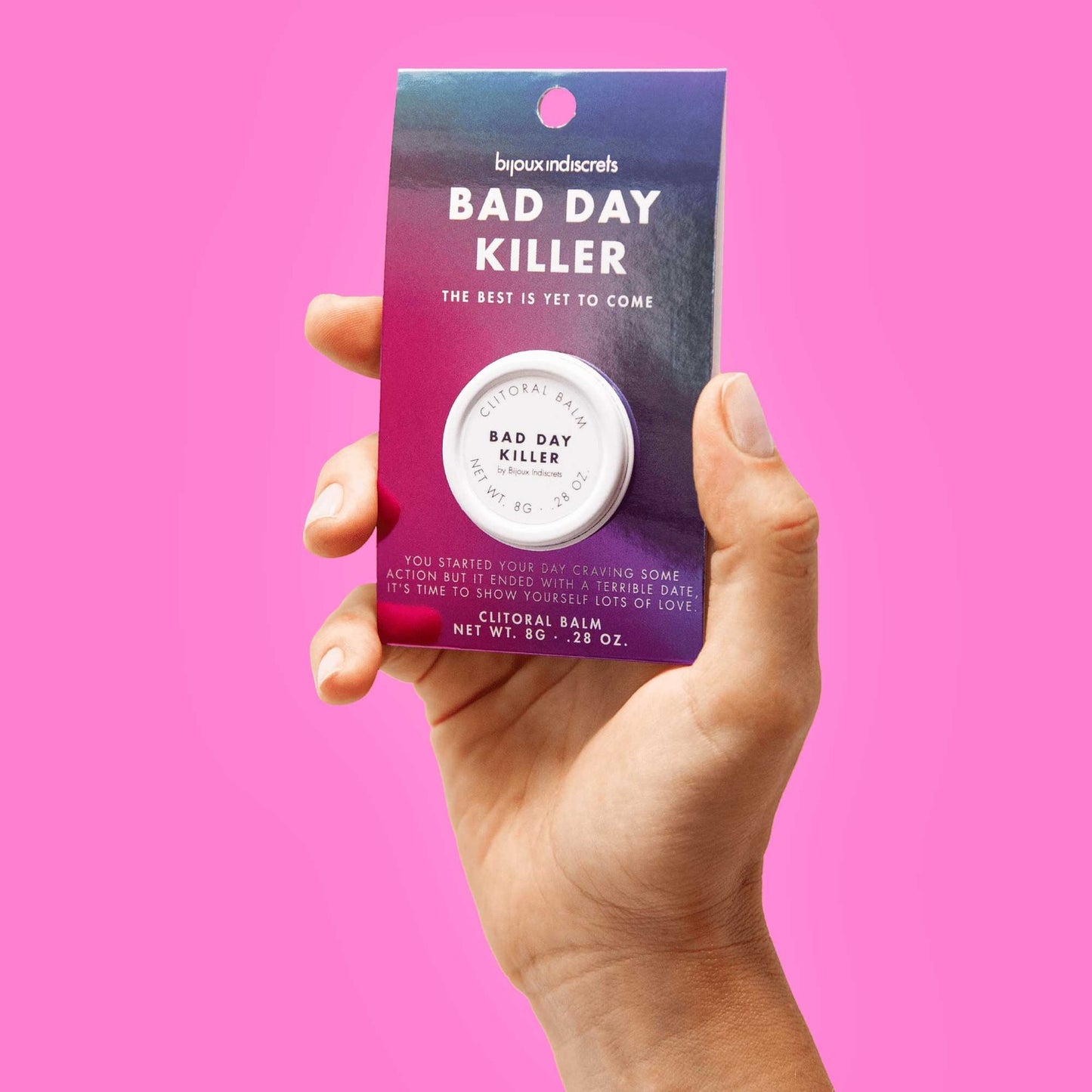 Packaging baume clitoridien Bad Day Killer rose et violet avec pot blanc inclus fond rose - Oh My God'Z