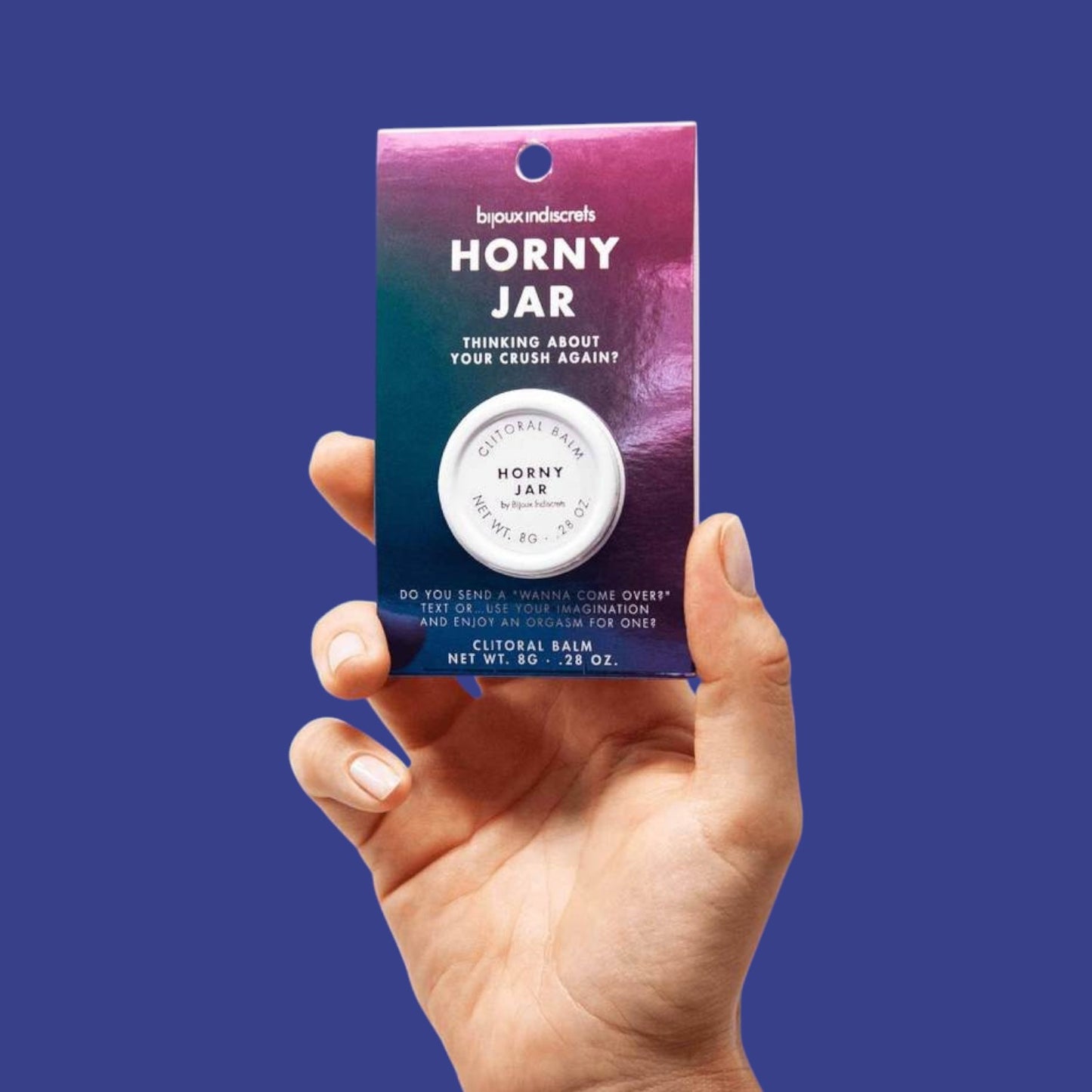 Packaging du baume clitoridien Horny Jar par Bijoux Indiscrets, design dégradé rose et bleu - Oh My God'Z