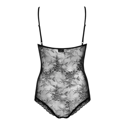 Vue arrière du body noir en dentelle florale Obsessive montrant le motif délicat et la coupe échancrée - Oh My God'Z