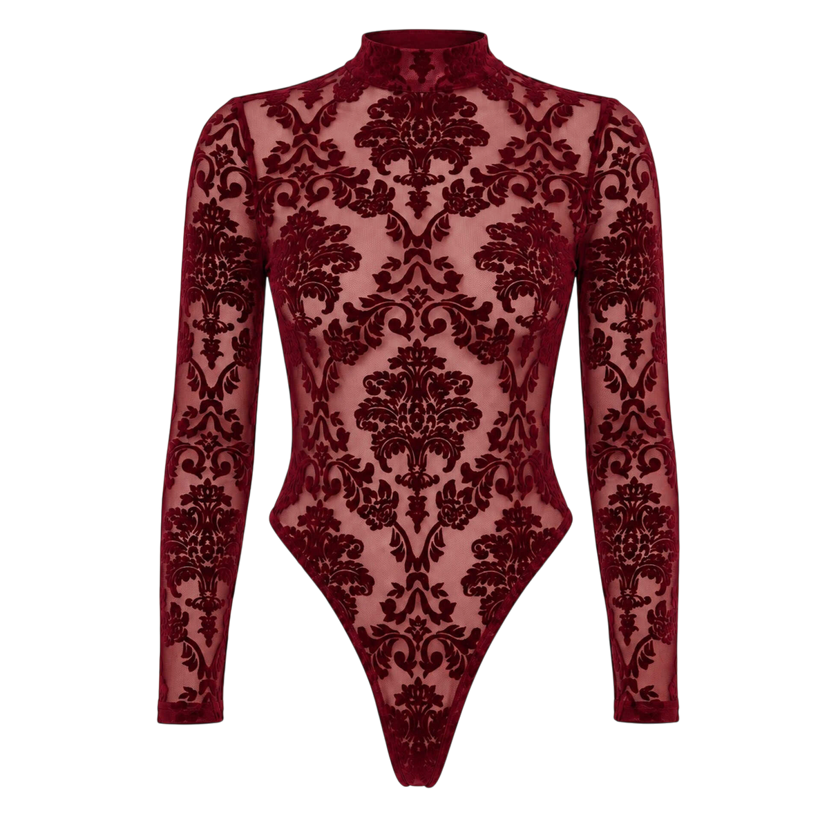 Body bordeaux en tulle floque motifs baroques presente a plat, face avant col montant manches longues - Oh My God'Z