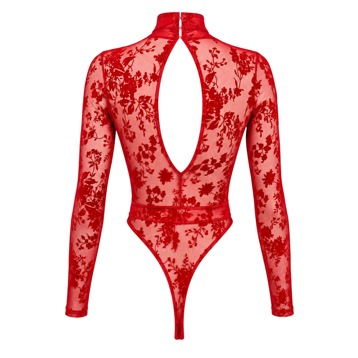 Dos du body rouge a plat : tulle floque floral, grande ouverture dorsale et fermeture crochet - Oh My God'Z
