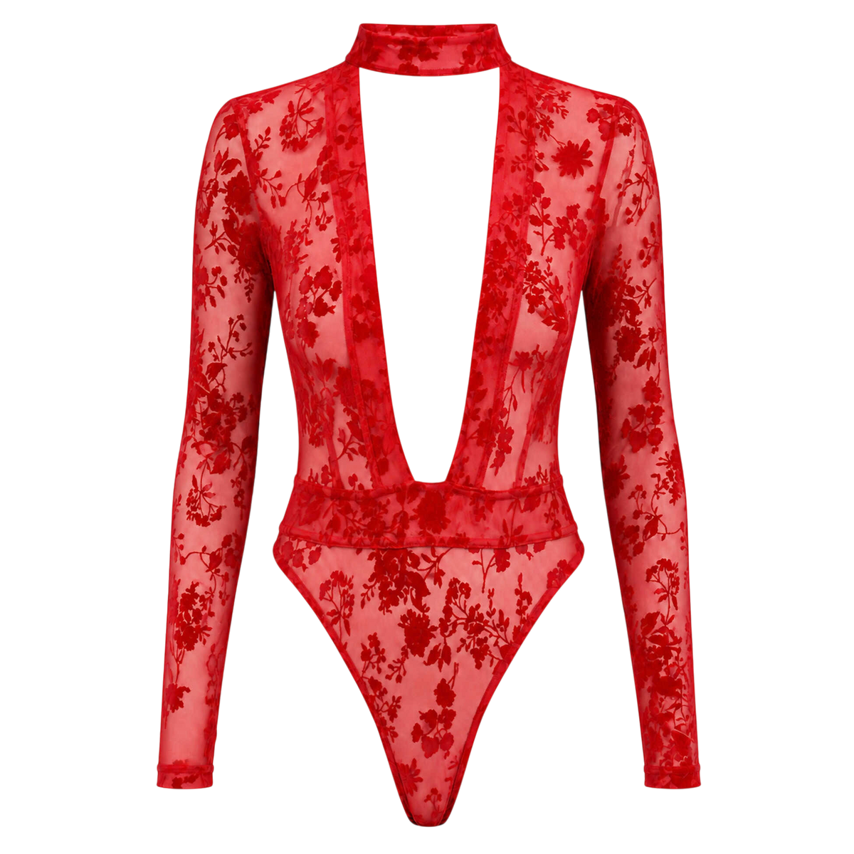 Body rouge seul a plat, tulle floque motifs floraux, col montant et decollete V plongeant - Oh My God'Z