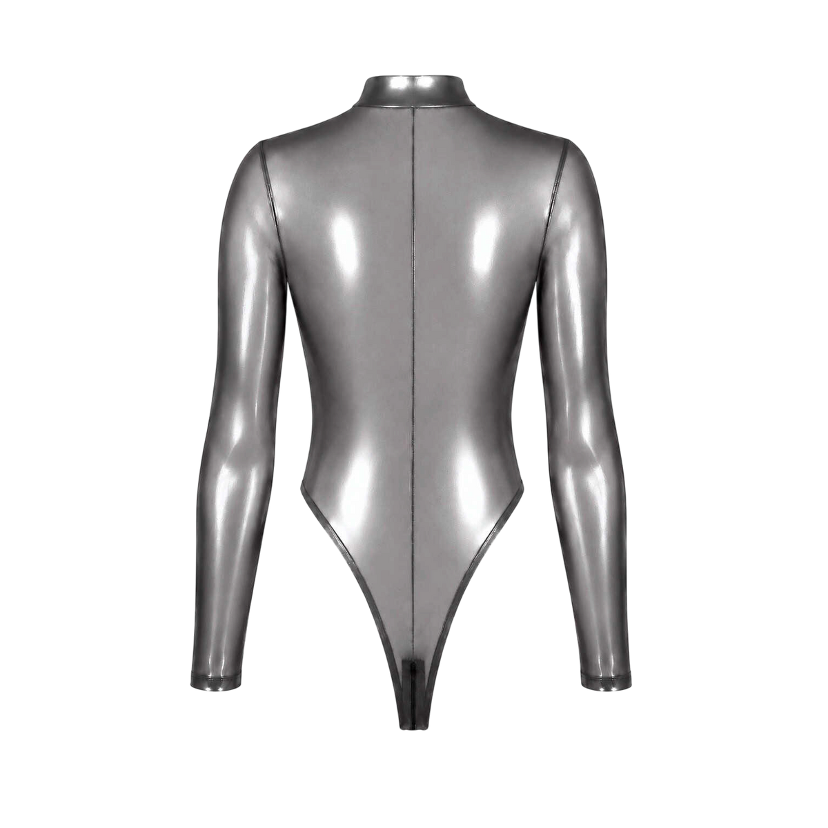 Dos du body Moondust argente effet latex a plat, coupe string echancree et manches longues ajustees - Oh My God'Z