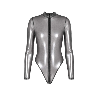 Body Moondust argente metallise presente a plat, zip invisible central du col a l'entrejambe - Oh My God'Z
