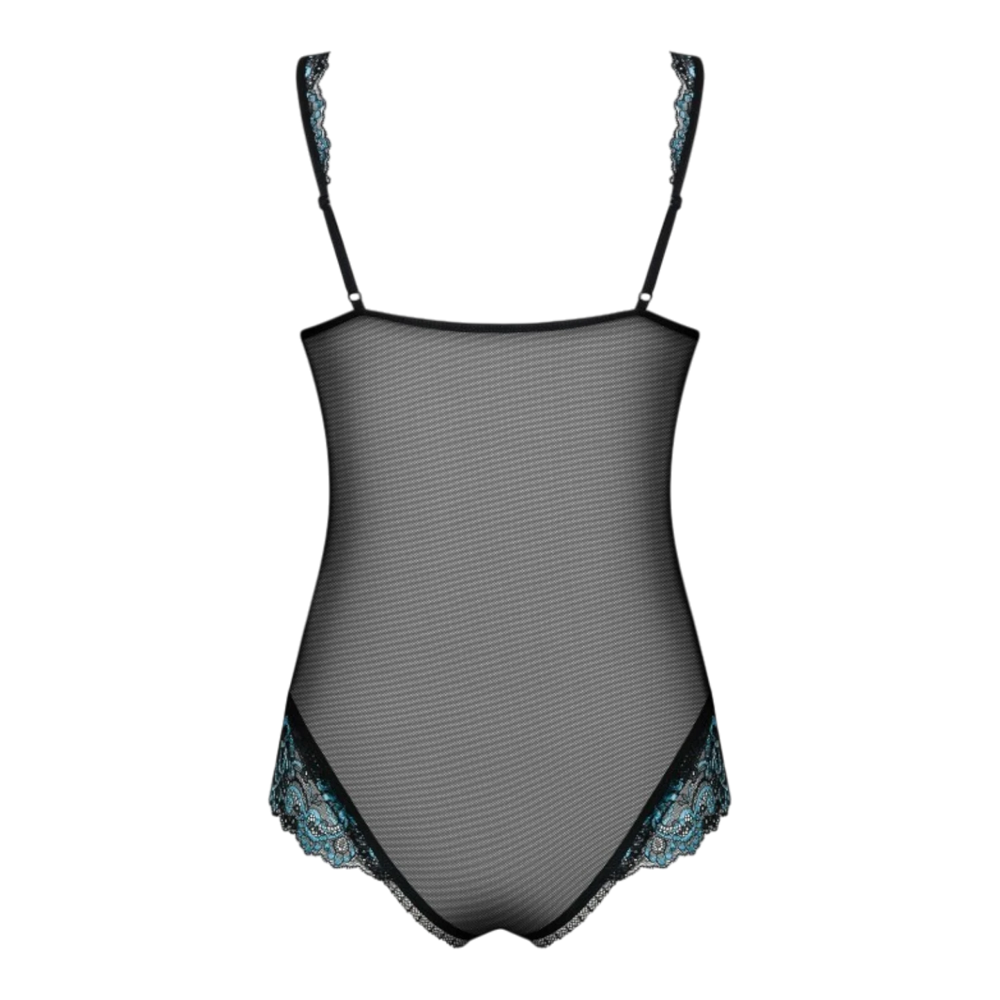 Body ouvert noir et turquoise, vue a plat arriere, maille transparente et empiecements dentelle - Oh My God'Z