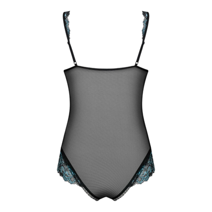 Body ouvert noir et turquoise, vue a plat arriere, maille transparente et empiecements dentelle - Oh My God'Z