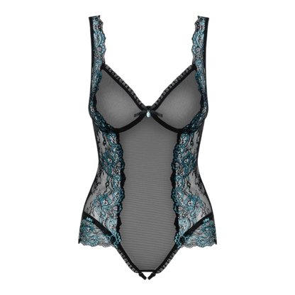 Body ouvert noir et turquoise Obsessive, vue a plat avant, bonnets armatures et dentelle turquoise - Oh My God'Z