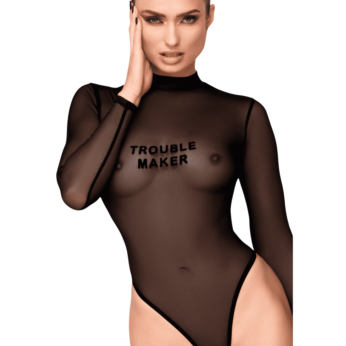 Body transparent noir en maille souple, buste porte de face avec flocage Trouble Maker et col montant - Oh My God'Z