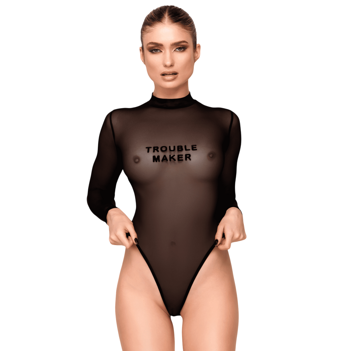 Body transparent noir en tulle Noir Handmade porte de face, col montant et inscription Trouble Maker - Oh My God'Z