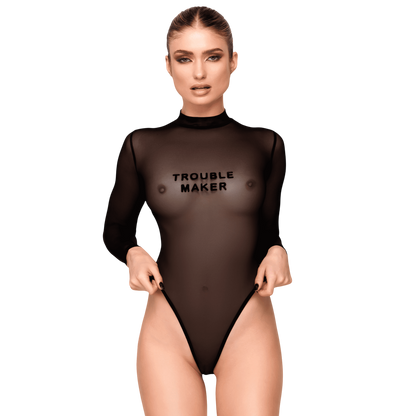 Body transparent noir en tulle Noir Handmade porte de face, col montant et inscription Trouble Maker - Oh My God'Z
