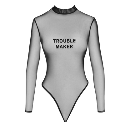 Body transparent noir Noir Handmade a plat, face avec col montant et imprime floque Trouble Maker - Oh My God'Z