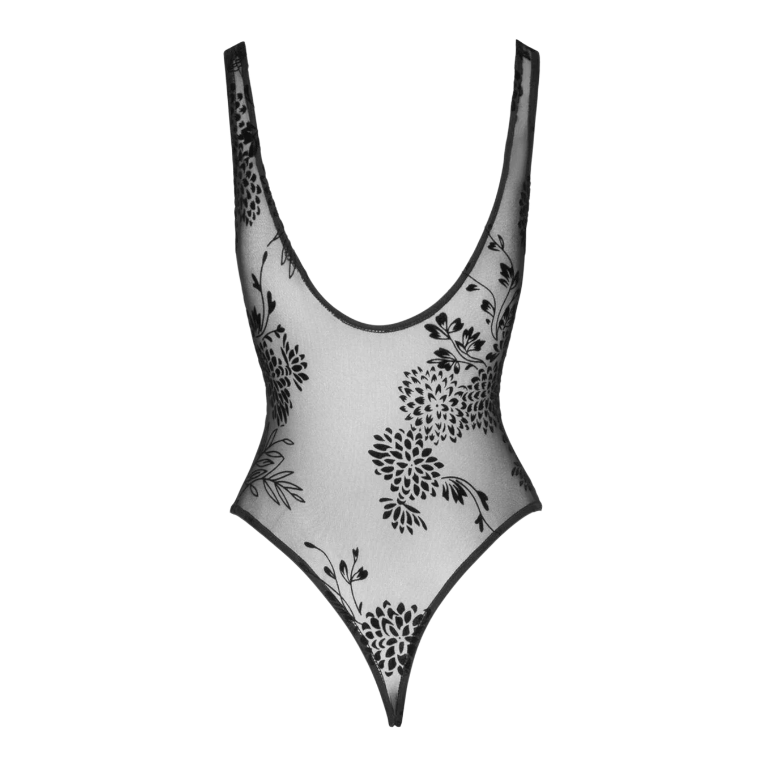 Body noir transparent en tulle a plat avec broderie florale en flocage sur fond blanc - Oh My God'Z