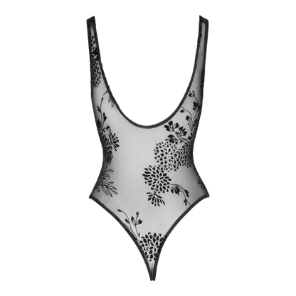 Body noir transparent en tulle a plat avec broderie florale en flocage sur fond blanc - Oh My God'Z