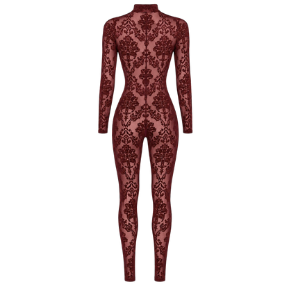 Dos de la combinaison bordeaux en tulle floque transparent a motifs damasses, coupe pres du corps - Oh My God'Z
