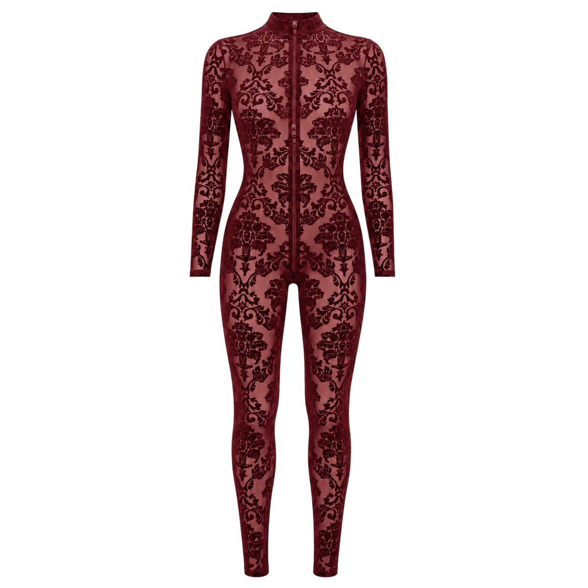Combinaison bodystocking bordeaux en tulle floque transparent presentee a plat, zip trois curseurs - Oh My God'Z