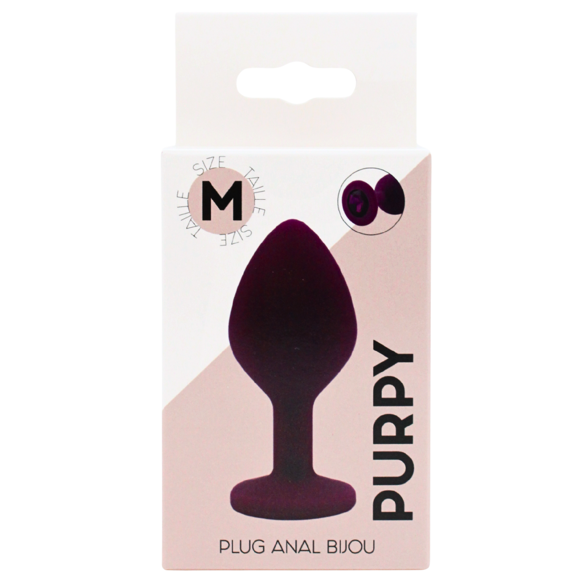 Boite du plug anal bijou Purpy taille M, packaging rose et blanc, plug violet en silicone medical - Oh My God'Z