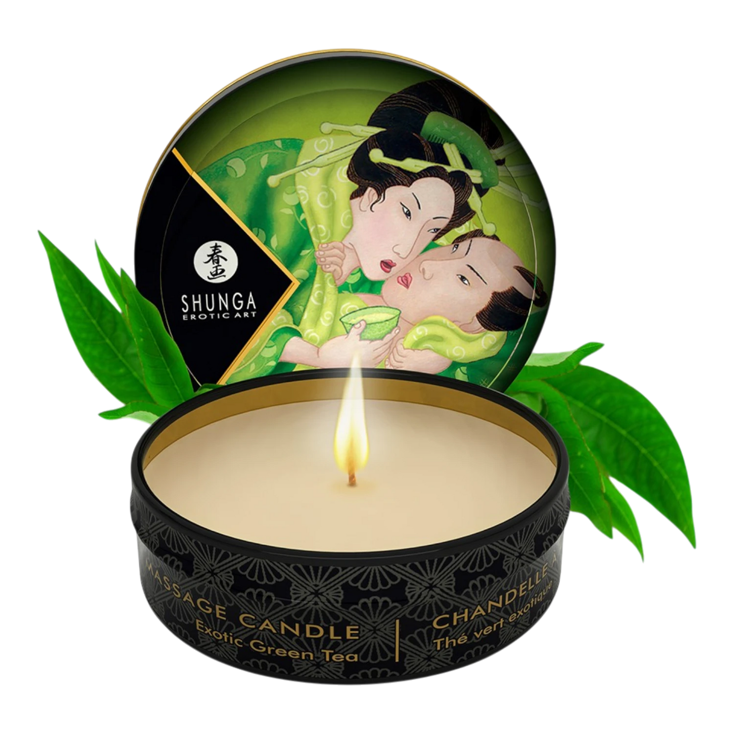 Bougie de massage Shunga thé vert exotique, boîte noire et or ouverte avec cire beige et feuilles vertes - Oh My God'Z