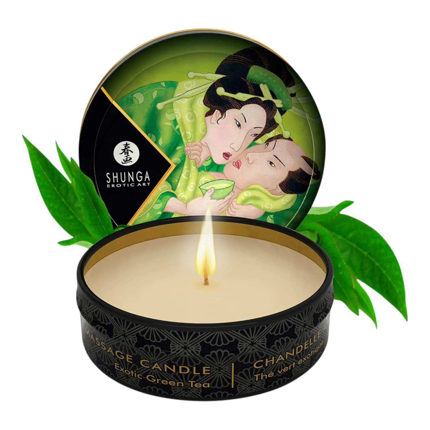 Bougie de massage Shunga thé vert exotique, boîte noire et or ouverte avec cire beige et feuilles vertes - Oh My God'Z
