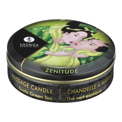 Bougie massage Shunga Zenitude thé vert exotique 30ml, boîte ronde noire motifs dorés et illustration geishas - Oh My God'Z