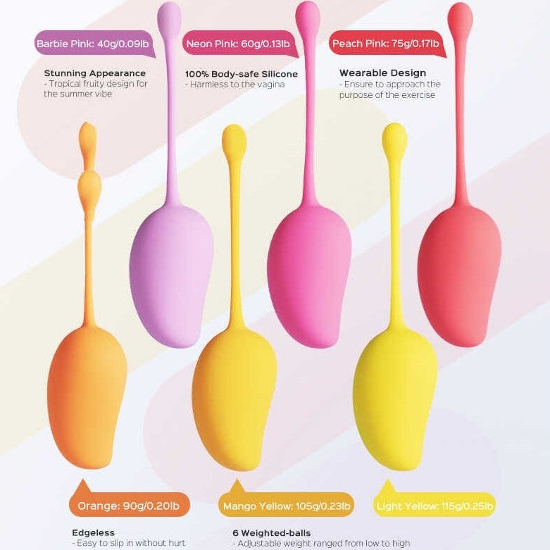 Détail des 6 poids progressifs Mango: violet 40g, rose 60g, corail 75g, orange 90g, jaune 105g et 115g - Oh My God'Z