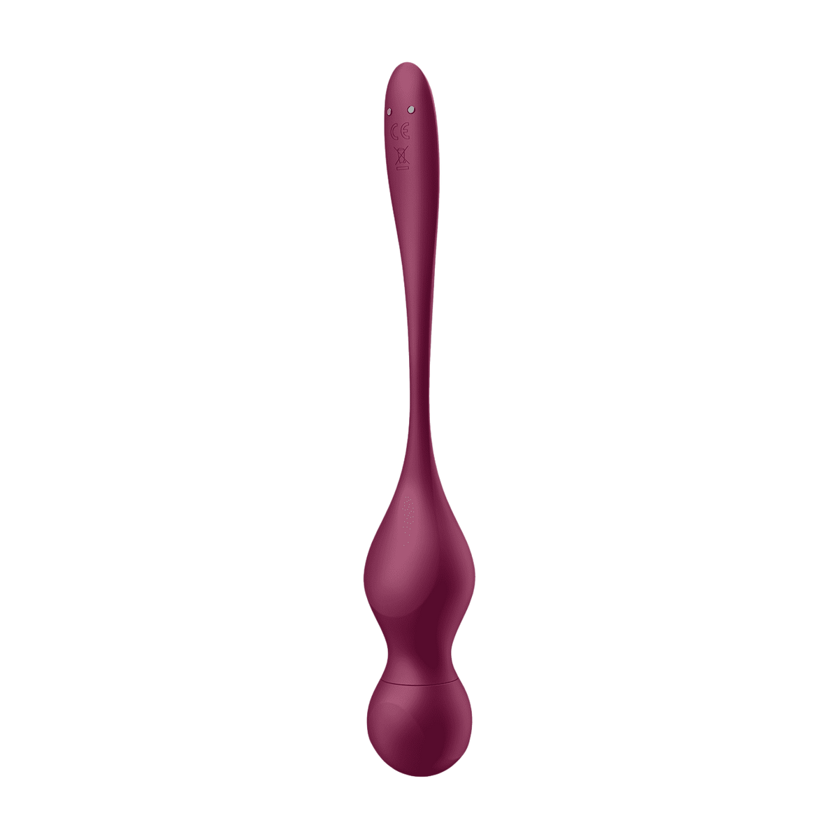 Boules de geisha Love Birds Vary Satisfyer en silicone prune, vue de profil avec sphere vibrante - Oh My God'Z