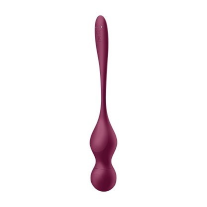 Boules de geisha Love Birds Vary Satisfyer en silicone prune, vue de profil avec sphere vibrante - Oh My God'Z