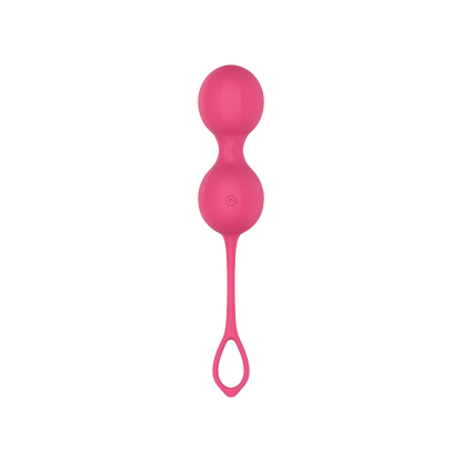 Boules de geisha Stella EasyConnect roses en silicone, vue de face avec bouton et cordon a anneau - Oh My God'Z