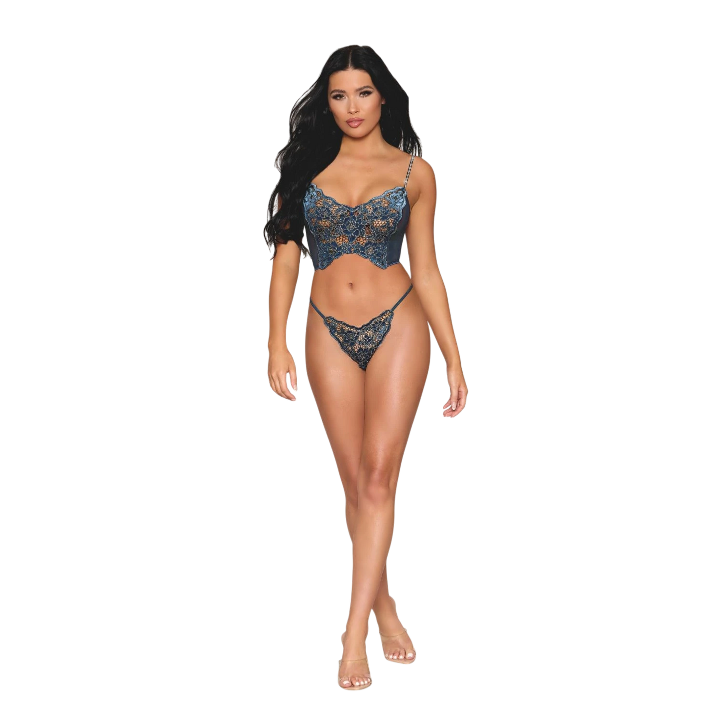 Ensemble complet bustier dentelle florale bleue avec découpe ondulée et string ficelle assorti - Oh My God'Z