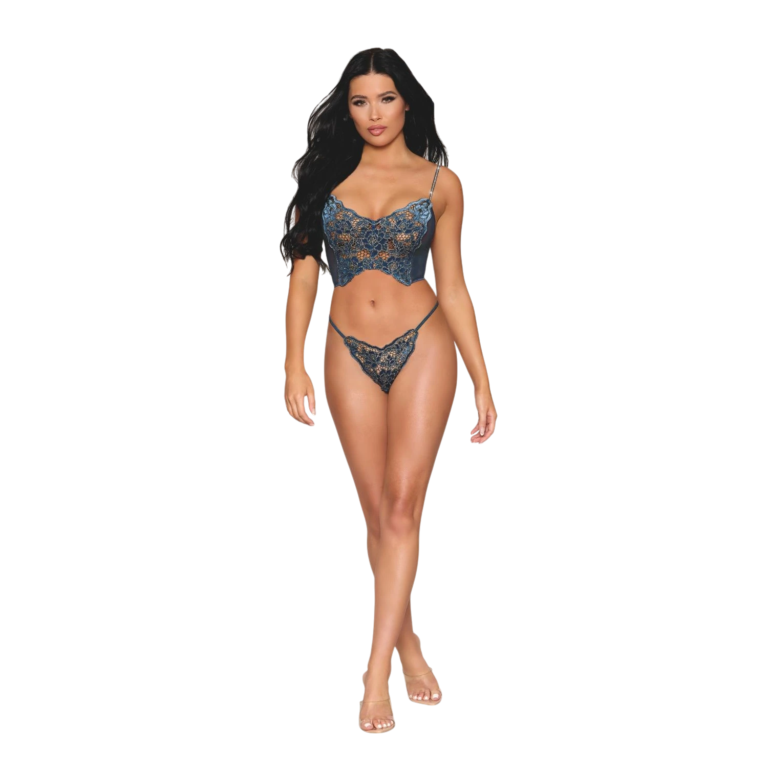 Ensemble complet bustier dentelle florale bleue avec découpe ondulée et string ficelle assorti - Oh My God'Z