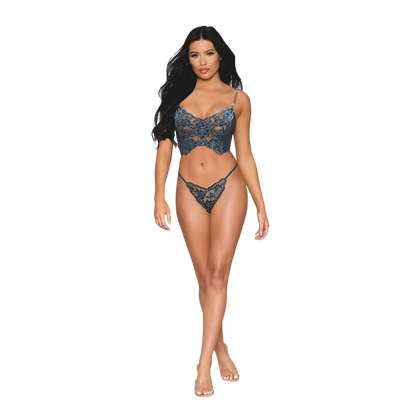 Ensemble complet bustier dentelle florale bleue avec découpe ondulée et string ficelle assorti - Oh My God'Z