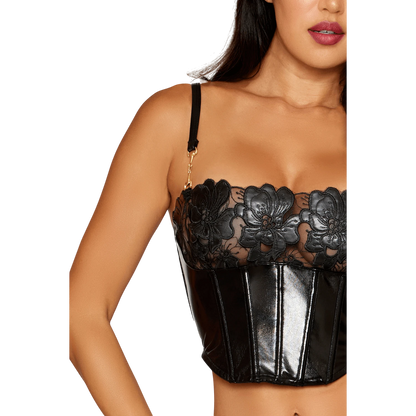 Détail du bustier noir à armatures en simili cuir avec dentelle florale et bretelles ajustables - Oh My God'Z